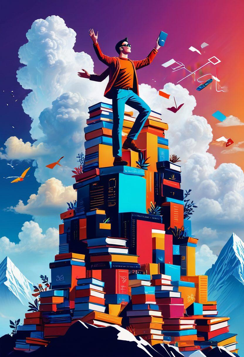 An artistic representation of a person triumphantly standing on top of a mountain of books and digital devices, symbolizing mastery in blogging and SEO. Bright, engaging colors showcase visual elements like social media icons, analytics graphs, and a glowing laptop screen. The background features a digital skyline, representing the online world, with clouds made of keywords floating around. Joyous expressions and a sense of achievement radiate from the figure. vibrant colors. digital art. dynamic composition.