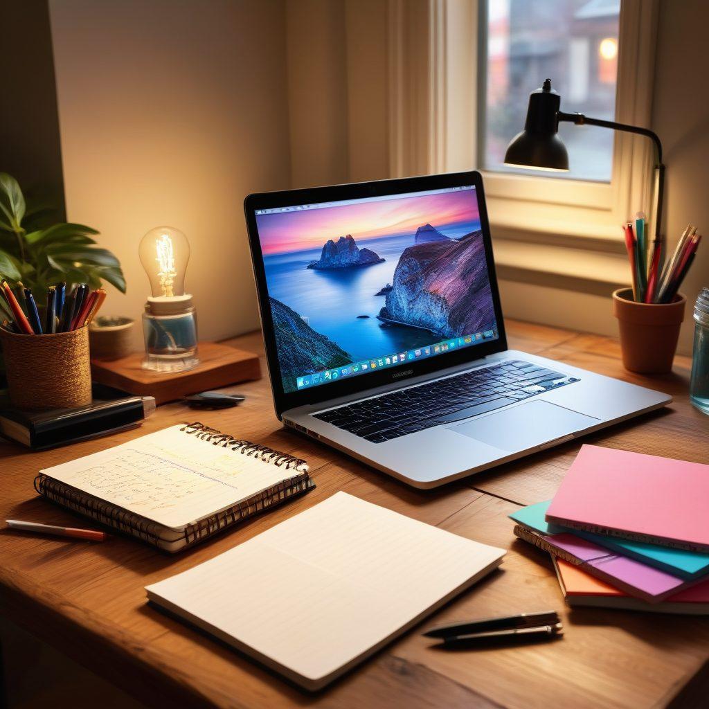 An open laptop on a wooden desk surrounded by colorful notepads, ink pens, and a steaming coffee cup, with vibrant notes scattered about, representing creativity and strategy in blogging. A glowing light bulb above symbolizing great ideas, while inspiring quotes float in the background. super-realistic. vibrant colors. cozy atmosphere.