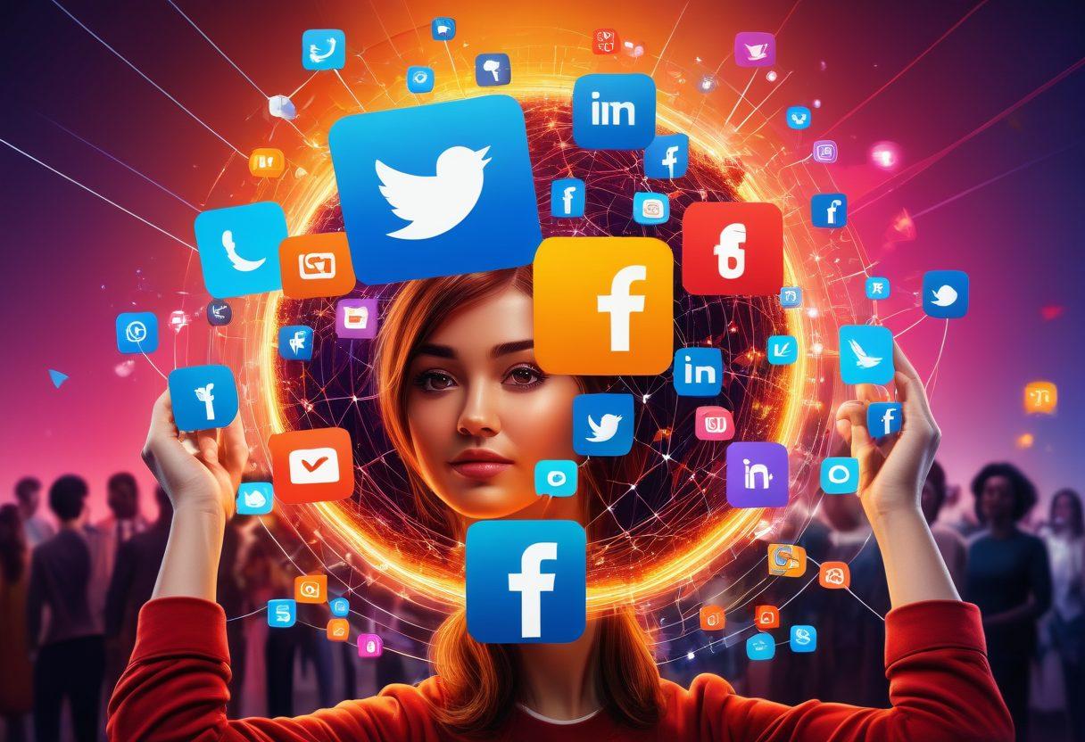A dynamic collage of various social media icons (Facebook, Instagram, Twitter, LinkedIn) radiating energy towards a central glowing blog post. Show a vibrant upward graph symbolizing increased traffic and reach around the blog post. Include diverse people interacting with their devices in the background, representing global connectivity and engagement. Bright colors and a modern design to evoke excitement. super-realistic. vibrant colors. digital art.